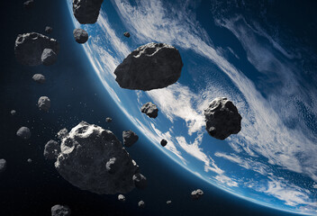 Blue Earth and asteroids in the space. View of planet Earth from space. Elements of this image furnished by NASA, 3d animation © Mikael Damkier