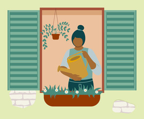 Black Skin Woman Watering Plants With Can Through The Window. Spring Flat Style Vector Illustration