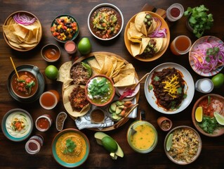Fototapeta na wymiar A table of traditional Mexican food dishes and snacks - generative ai