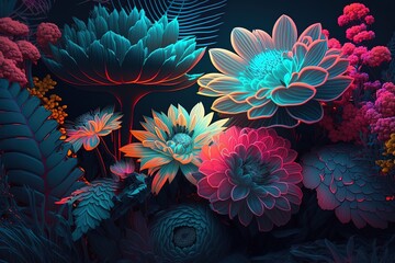 Fototapeta na wymiar Vibrant Blooms in a Neon Oasis Generative AI