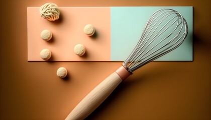 Wallpaper Illustration and background of a fouet, egg beater. Top View. Concept of kitchen, bakery, confectionery. Generative AI.