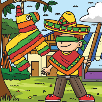 Cinco de Mayo Boy and Pinata Colored Cartoon 