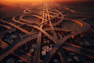 aerial view los angeles la freeway highways interstates California concrete jungle complex complicated business organization dysfunction poor design regulations confusion red tape unclear indirect CA