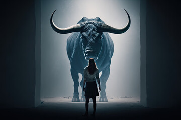 fearless woman standing up to bull overcoming challenges undaunted business corporate metaphor bravery courage inspiration optimism confidence glass ceiling determination wall street fearless girl
