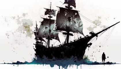 ghost ship, isolated on white background - watercolor style illustration background by Generative Ai