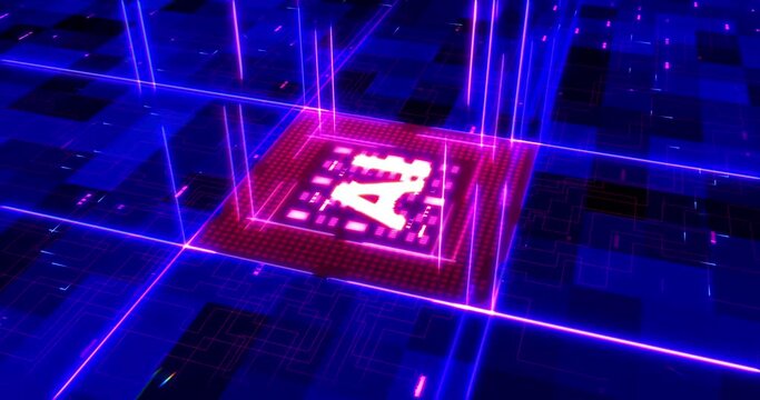 Powerful CPU Transmitting Glowing High Speed Data. AI Computer Chip. Computer And Technology Related 4K 3D CG Animation.