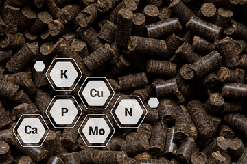 Organic granular fertilizer from biohumus, sapropel and seaweed and graphic indication of chemical composition. Dry plant fertilizer improves soil structure, saturates soil with micronutrients