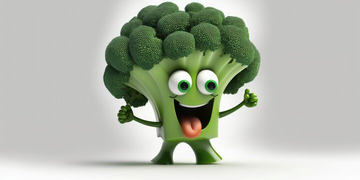 Naklejki Happy smiling crazy green broccoli cartoon face character, funny cute vegetable sticker color personage icon isolated on grey background, healthy organic vegan diet food. AI generative.
