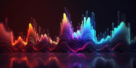 Abstract sound wave visual background. Dynamic motion soundwaves neon lines. High frequencies visualization with rainbow colors. Music energy spectrum pattern. Audio creativity concept. Generative AI