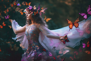Beautiful woman swaying in the wind in the forest. generative Ai technology