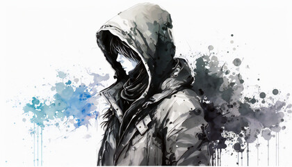 man with hoodie and covered face, isolated on white background - watercolor style illustration background by Generative Ai
