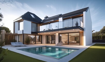 Fototapeta premium Luxury modern villa with swimming pool and garden, generative ai