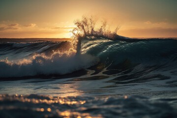 Photorealistic ai artwork of a breaking wave at sunset with beautiful light reflecting. Generative ai.