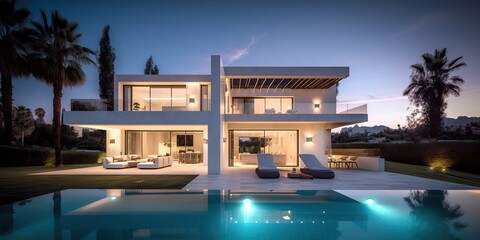 Fototapeta premium Luxury stone classic updated villa with swimming pool and garden, generative ai