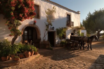 Fototapeta na wymiar Mediterranean style farmhouse with whitewashed walls at golden hour, generative ai