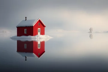 Foto op Canvas Red cottage in a white winter Scandinavian landscape, generative ai © FrankBoston