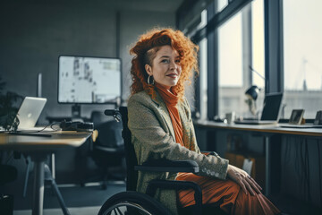Photorealistic ai artwork of a woman in a wheelchair working in a modern office. Generative ai.