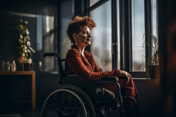 Fototapeta na wymiar Photorealistic ai artwork of a woman in a wheelchair working in a modern office. Generative ai.