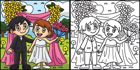 Wedding Groom And Bride Coloring Page Illustration