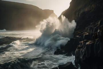 Photorealistic ai artwork of large waves crashing and breaking on a rocky coastline at sunset. Generative ai.