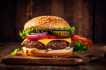 delicious burger hamburger cheeseburger or veggie burger on a wood background. Generative AI
