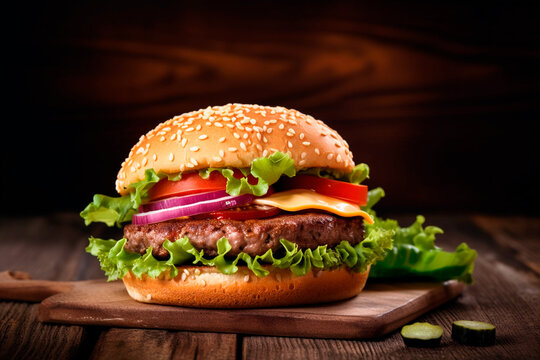 delicious burger hamburger cheeseburger or veggie burger on a wood background. Generative AI

