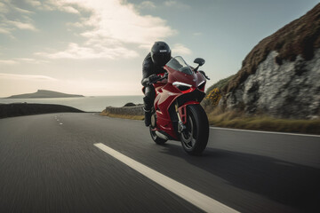 Photorealistic ai artwork of a red motorcycle, sports bike riding along the ocean road. Generative ai.