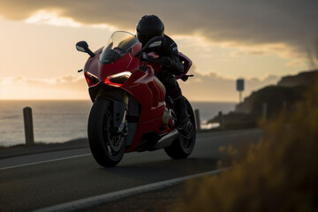 Photorealistic ai artwork of a red motorcycle, sports bike riding along the ocean road at sunset. Generative ai.