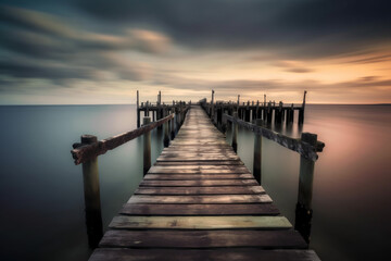 Fototapeta premium Photorealistic ai artwork of a long exposure style sunset or sunrise over a pier. Generative ai.