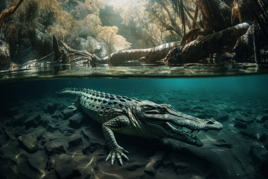 Photorealistic ai artwork of an over-under image of a crocodile in the water. Generative ai.