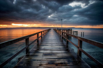 Fototapeta premium Photorealistic ai artwork of a dramatic sunset or sunrise over a pier. Generative ai.