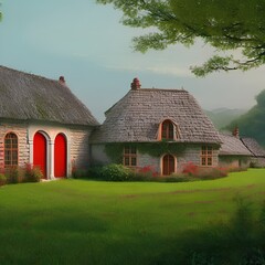 A farmhouse with a red door and a green lawn1, Generative AI