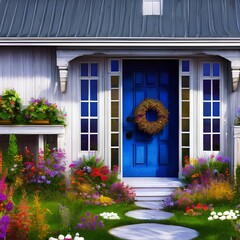 A farmhouse with a wreath on the door and flowers in the yard3, Generative AI
