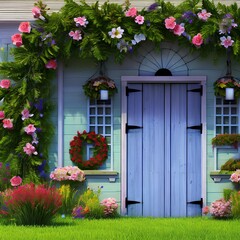 Fototapeta na wymiar A farmhouse with a wreath on the door and flowers in the yard2, Generative AI