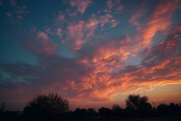 Fototapeta na wymiar Photorealistic ai artwork of dramatic sky and clouds at sunset or sunrise. Generative ai.