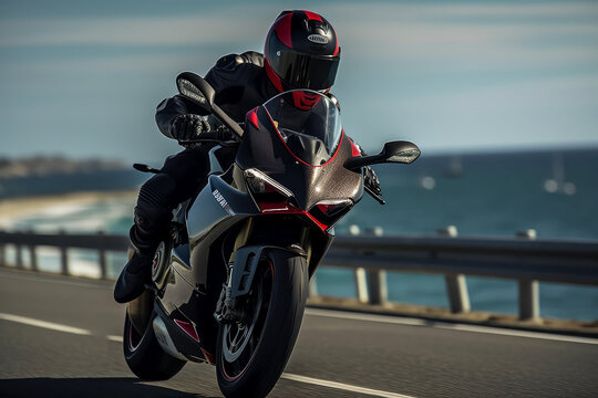 Photorealistic ai artwork concept of a person riding a black and red Italian superbike or sportbike motorcycle on a coastal road. Generative ai.