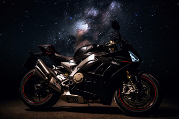 Photorealistic ai artwork of a black Italian motorcycle, a sports bike outdoors at night with stars. Generative ai.
