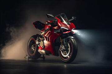 Obraz na płótnie Canvas Photorealistic ai artwork of a red motorcycle, a sports bike in a studio surrounded by smoke and professional lighting. Generative ai.