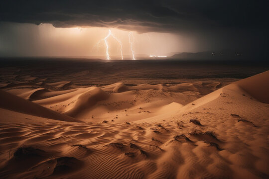 Photorealistic ai artwork of sunset in the desert sand dunes with a lightning storm on the horizon. Generative ai.