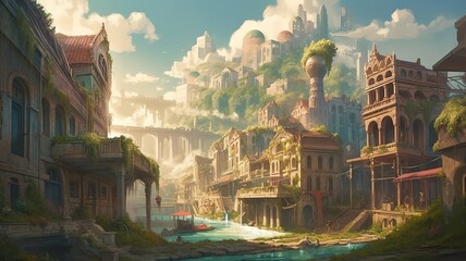 Fototapeta na wymiar Cities Fantasy Backdrop, Concept Art, CG Artwork, Realistic Illustration with Generative AI 