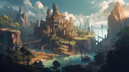 Fototapeta premium Cities Fantasy Backdrop, Concept Art, CG Artwork, Realistic Illustration with Generative AI 