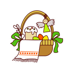 Easter basket with cake and painted eggs on white background