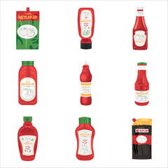 Set of tasty ketchup sauces on white background