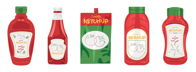 Set of tasty ketchup sauces on white background