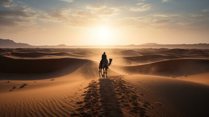 Fototapeta na wymiar A lone traveler on a camel crossing a vast and arid desert landscape with a fiery sunset in the background Generative AI