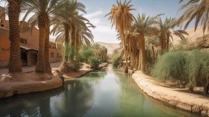 A desert oasis with palm trees, a tranquil pool of water, and a small village in the background Generative AI