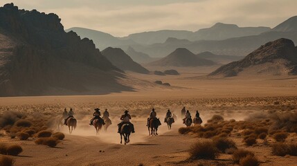 A group of nomads riding on horseback through a windswept desert, with a dramatic mountain range in the distance Generative AI