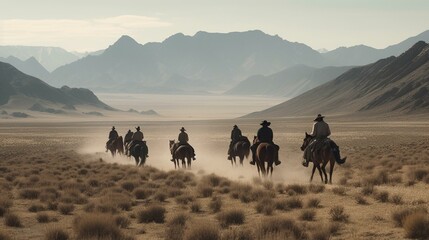A group of nomads riding on horseback through a windswept desert, with a dramatic mountain range in the distance Generative AI