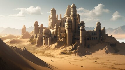 A majestic and isolated desert fortress with imposing walls and towers, standing sentinel against the endless sands Generative AI - obrazy, fototapety, plakaty