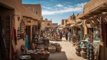 Obraz premium A colorful and bustling marketplace in the heart of a desert city, with vendors selling exotic goods and wares Generative AI